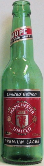 Manchester United Premium Lager bottle by Charles Wells Ltd. Bedford, England 